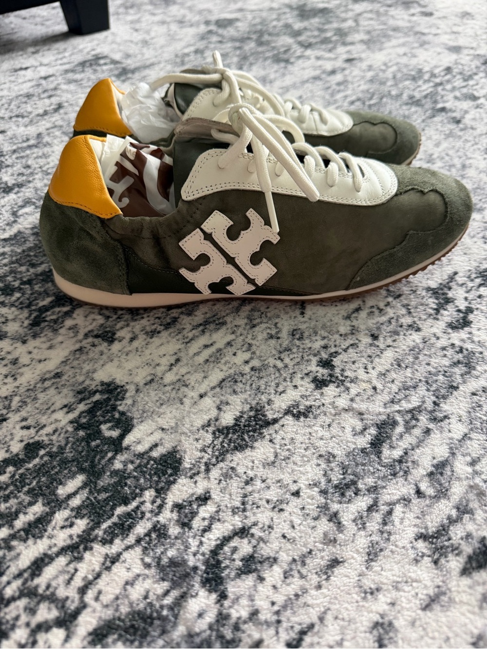 Tory Burch Green Suede Sneakers with White Logo & Yellow Heel